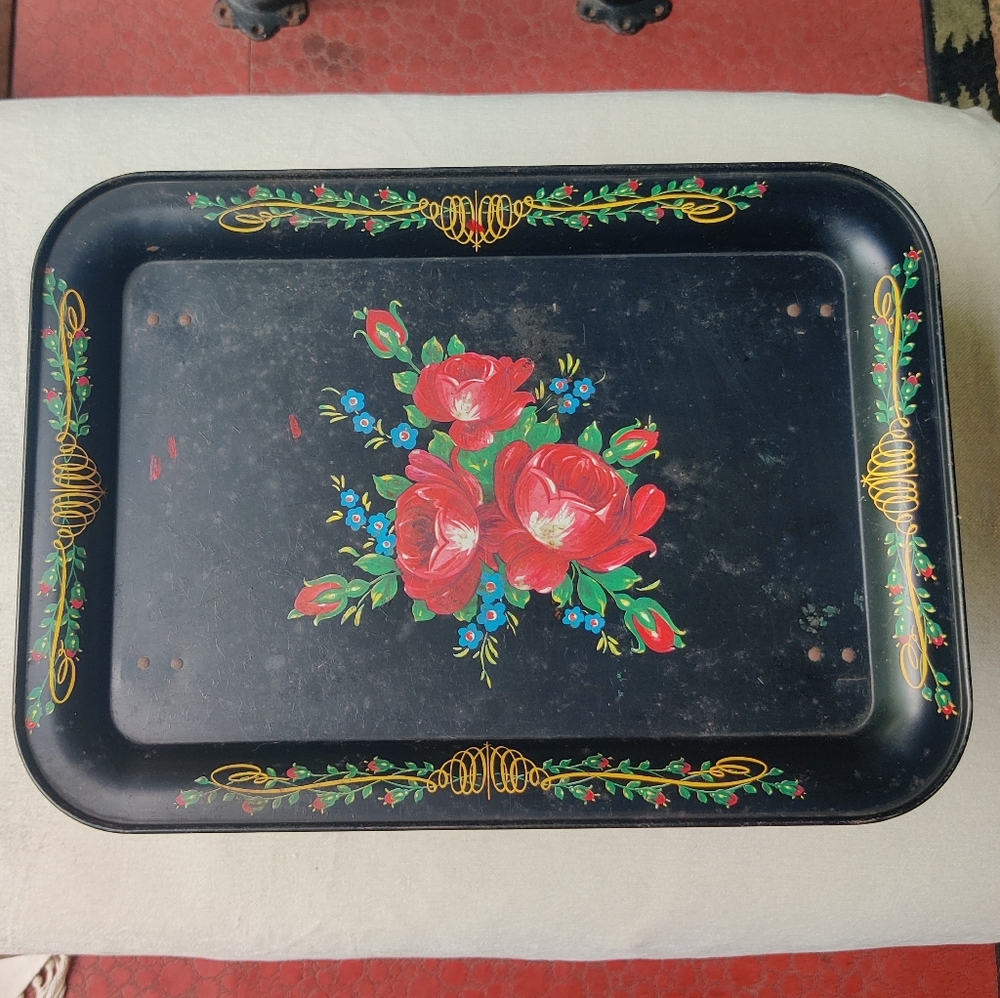 Metal Lap Snack TV Bed Tray Black Floral Roses Toleware Scroll Folding 17.5x12.5